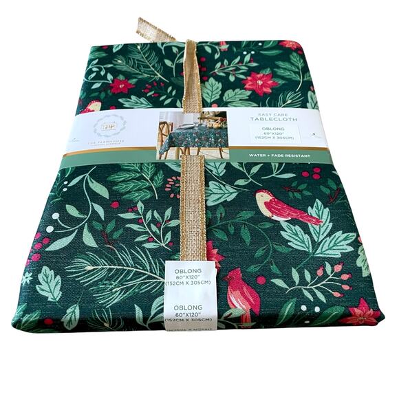 The Farmhouse Easy Care 60x120 Christmas Tablecloth Holiday Holly & Cardinals - Picture 3 of 12
